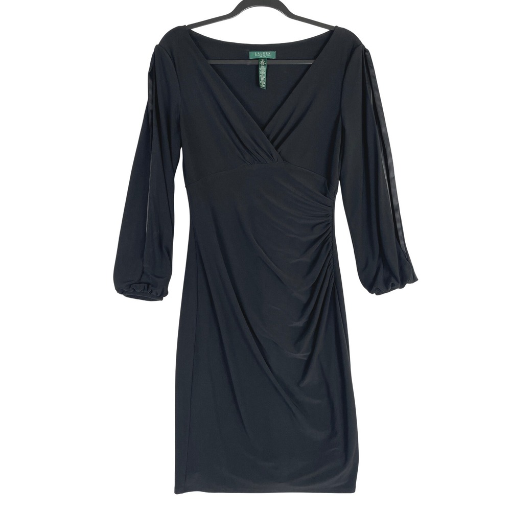 LAUREN Ralph Lauren Black Ruched Sheath Dress 3/4 Sleeve V Neck Cocktail 10